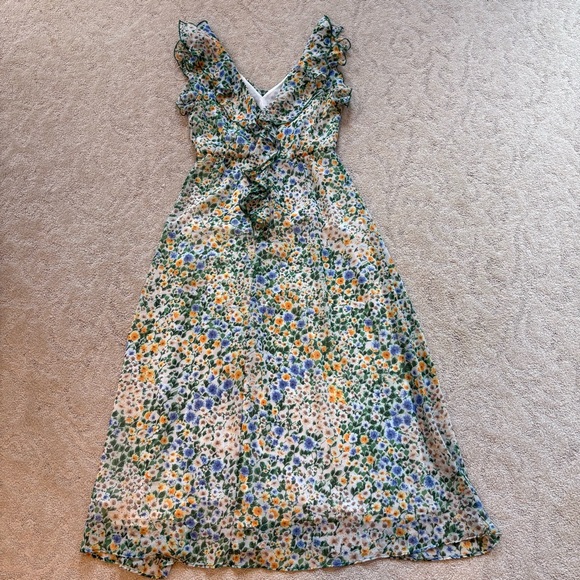 ZARA Floral Chiffon Midi Dress Green Yellow Ruffle Slit Size Small Romantic EUC - Picture 4 of 11